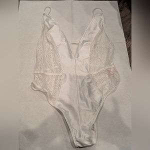 La Vie En Rose White Satin & Lace Plunge Bodysuit